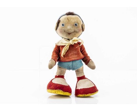 A Merrythought Enid Blyton’s Noddy doll circa 1960, with velvet face, painted features, brown mohair hair cuts, wired cloth b