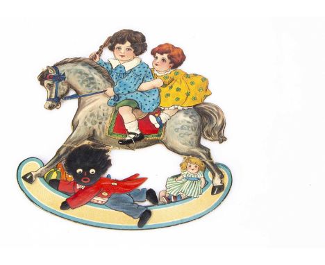 Two rare Raphael Tuck &amp; Sons Nursery Rockers with children circa 1908, chromolithographic embossed cardboard with hinged 