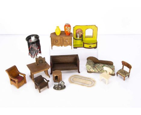 Interesting 1930s dolls’ house furniture and chattels, a sofa upholstered in lizard skin oil-cloth —5 1/2in. (14cm.) wide, a 