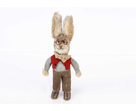 A Dean’s Rag Book Co Pa Coney the Radio Rabbit 1930s, with light brown and white wool plush head and hands, clear and black g