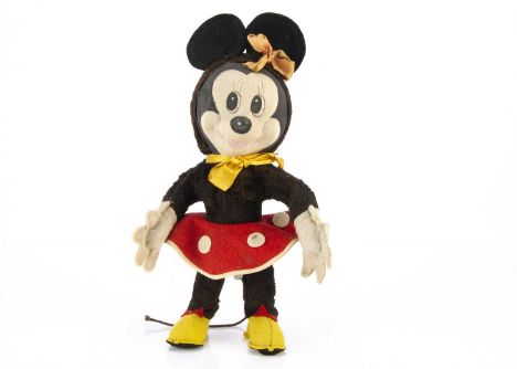 A Merrythought Walt Disney and Ub Iwerkes’ Minnie Mouse late 1950s,  white pressed stockinette face, painted features, black 
