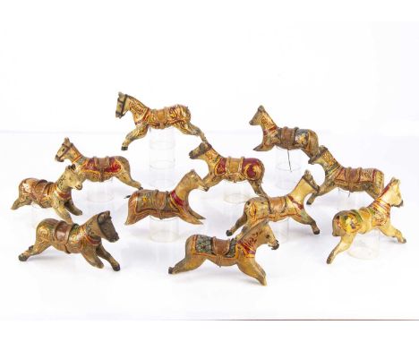 Eleven carved wooden miniature carousel horses,  probably first half of the 20th century, hand painted in detail with names i