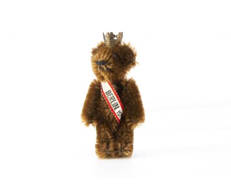 Kempton - a post-war miniature Schuco Berlin Teddy Bear, with brown mohair, metal pin eyes, black stitched nose and mouth, me