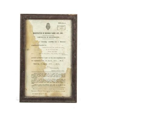 A Registration of Business Name Act 1916 Certificate of Registration for Leonard Wellings and Norah Wellings in the business 
