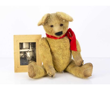 A Chad Valley 1920s Smiler Teddy Bear with original photograph,  with golden mohair, replaced orange and black glass eyes, pr