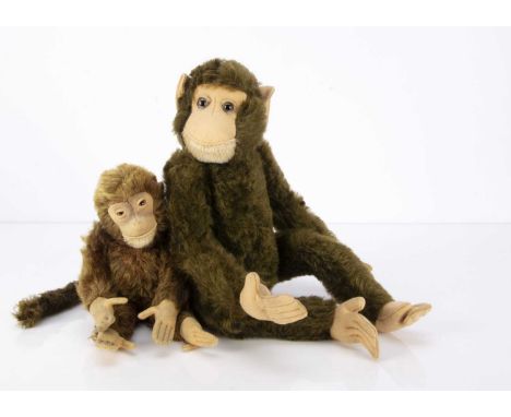 Two 1930s jointed mohair monkeys,  a Farnell with brown mohair, clear and black glass eyes, felt face, ears, hands and feet, 