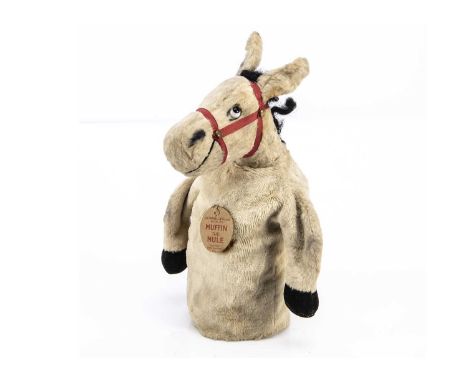 A rare J K Farnell Muffin the Mule hand puppet 1950s, of white artificial silk plush, white and black opaque glass eyes, blac