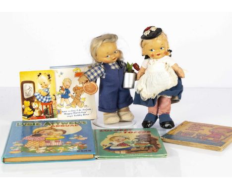 Two 1950s Chad Valley Mabel Lucie Attwell dolls, with composition heads and cloth bodies, original clothes, the boy with card