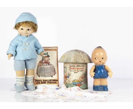 Mabel Lucie Attwell toys, a William Crawford &amp; Sons lithographed tinplate Fairy House Biscuit &amp; Money Box —8in. (20cm