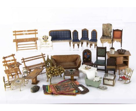 Various dolls’ house furniture, a late 19th century wood and velvet sofa —5in. (12.5cm.) wide, a German sofa and three chairs