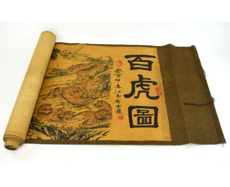 A Large Vintage Chinese Printed Silk Scroll Long scroll depicting a multitude of tigers amongst foliage and clouds, Machine p