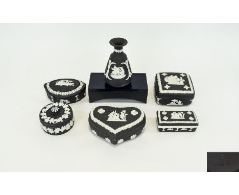 Wedgwood Black Jasper Ware Candy Boxes Six in total in black ceramic with traditional white classical decoration.