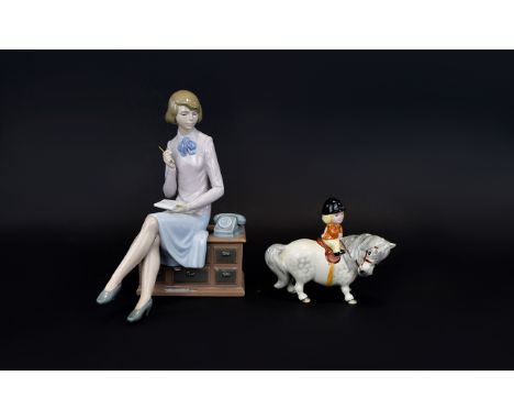 Nao by Lladro Figure Young Secretary Sitting on a Desk. 9 Inches High, with Beswick Figure Angel on Horseback, Designer Harry