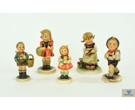 Hummel Early Figures ( 5 ) Five In Total. Comprises 1/ School Girl. 2/ Little Girl with Doll. 3/ Little Boy with Basket. 4/ L