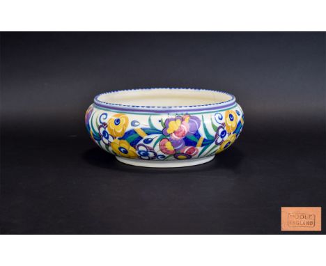 Poole - Carter Sadler Adams - Large Footed Bowl. Designer Trudi Carter, Stylish Floral Design. Painted on Clear Glaze Over Wh