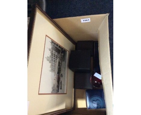 A Miscellaneous Box Containing six boxes of watches and costume jewellery, a framed print of 1930's Hong Kong waterfront and 