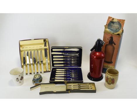 A Mixed Collection Of Boxed Cutlery And Vintage Soda Syphon Approx 7 items in total to include royal interest ceramic beakers
