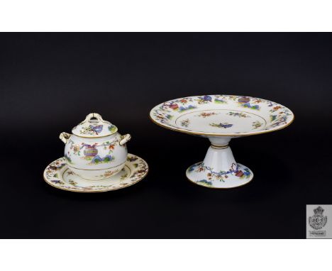 Royal Worcester Hand Painted Pedestal Bowl - 1930 with Matching Twin Handle and Lidded Preserve Pot and Stand, Decorated with
