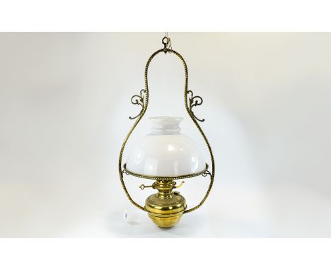 Antique - Nice Quality Brass Hanging / Ceiling Oil - Kerosene Lamp, Complete with Original Milk Glass Shade and Glass Chimney