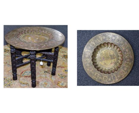 Anglo Indian Very Elaborate and Quality Folding Side Table. The Large Circular Brass and Copper Top with Sunken Central Panel