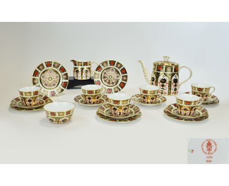 Royal Crown Derby ( 21 ) Piece Old Imari Pattern Tea Service. Comprises 6 Trios, 1 Large Teapot, 1 Sugar Bowl & 1 Milk Jug. P