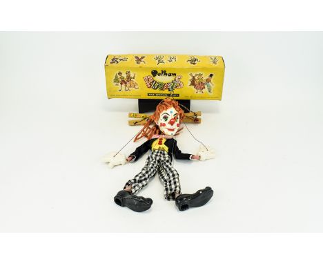 Pelham Handmade Puppet ' Marionette ' Bimbo The Clown. Superb Detail Head and Face. c.1960's. 12 Inches Tall, with Box. Excel
