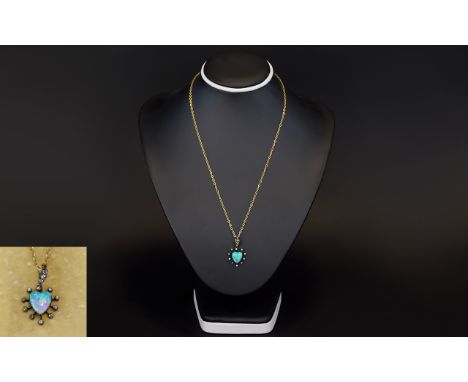 Victorian Period - 14ct Gold Set Heart Shaped Opal and Diamond Pendant and Drop with Attached 9ct Gold Chain ( Later ) The Ce