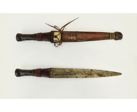 Late 19th Early 20thC African Hunting Knife, Leather Clad Scabbard And Hilt With Woven Decoration