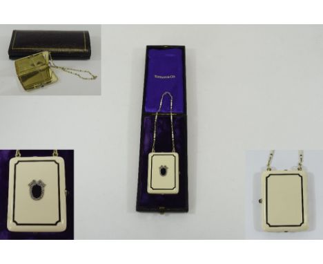 Tiffany & Co 14ct Gold Art Deco Enamelled Vanity Case Hinged Front, Cabochon Sapphire Spring Button, Integral Mirror With Two