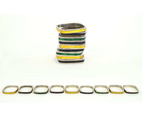 Collection Of Nine Enamelled Silver Stacking Band Rings,   Scandinavian Style, of Curved Square Form, In Green, Gold And Blac