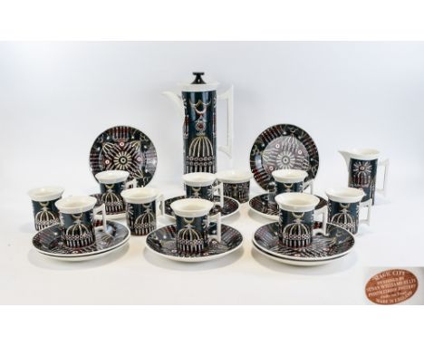 Portmeirion Pottery  'Magic City' Coffee Set comprising 9 cups and side plates, coffee pot, sugar bowl (with small chip), mil