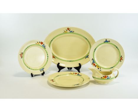 Clarice Cliff Hand Painted Wilkinson's Floral Design Large Platter + 3 Cabinet Plates and One Milk Jug ( 5 ) Items In Total. 