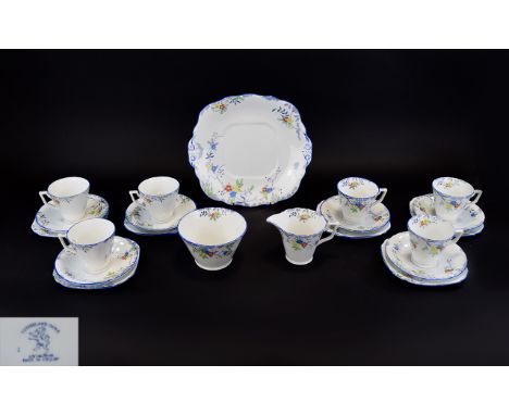 Art Deco Period Sutherland Hand Painted Enamel ( 21 ) Piece Tea Set, Floral Pattern, Blue Rim. Pattern No 1549. Comprises 6 T