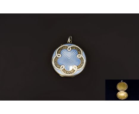 Sterling Silver Enamel Locket Circular Form, Blue Enamel With Chased Floral Knot Within A White Enamelled Border, Looks To Ha