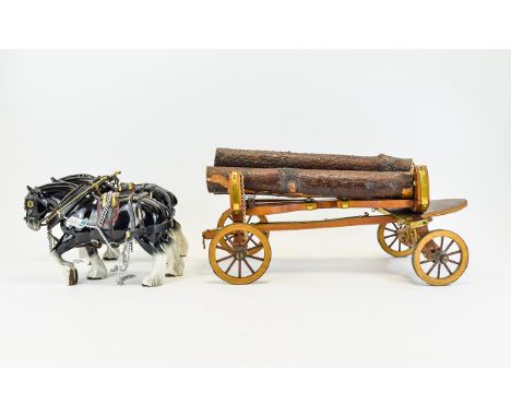 Sylvac - Porcelain Large Pair of Early Clydesdale Black Shire Horses, Pulling a Large Wood Cart with Original Labels. Mint Co
