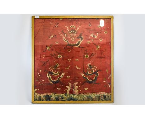 Framed And Glazed Chinese Silk Panel, Embroidered Decoration Depicting Dragons. 35 x 32 Inches 18th/19thC