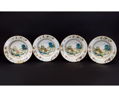Set Of Four 18thC Chinese Canton Bowls, Polychrome Enamel Decoration Depicting Pagoda And Bridge, Brown Rim,1 With Damage To 