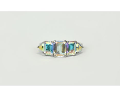 Mercury Mystic Topaz Five Stone Band Ring, a central, octagon cut 1.75ct topaz flanked by two slightly smaller octagon cuts, 