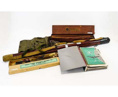 A Vintage Military Tripod And Related Ephemera Wood and brass tripod with field green webbing carry strap, also three gun cle