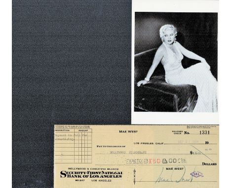 Mae West signed Bank of Los Angeles cheque dated Sep 27, 1934, and 6x4 black and white photo. Mae West born Mary Jane West; A