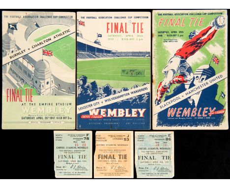 Programmes and ticket stubs for the 1947, 1948 & 1949 F.A. Cup Finals,Leicester v Wolves, Blackpool v Manchester United & Bur