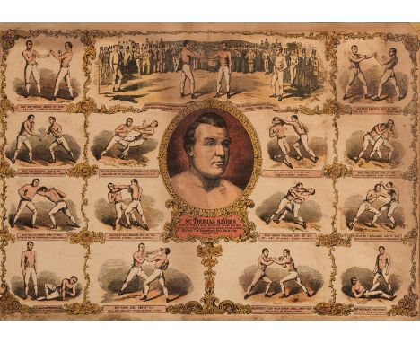 A 19th century print featuring the boxer Thomas Sayers,the central portrait surrounded by captioned vignettes of 15 of Sayers