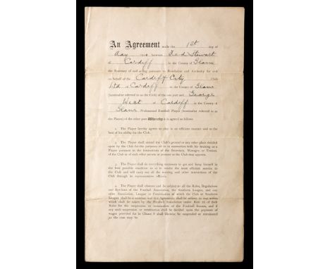 A player's agreement between Cardiff City and George West dated 1st May 1920,for £8 per week, £5 during the close season, sig