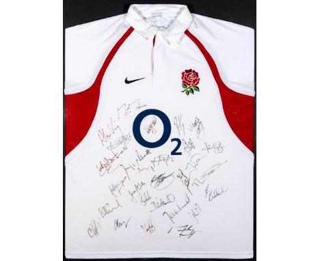 Framed England rugby shirt signed by the England 2003 World Cup winners,signatures in black marker pen, Johnson, Wilkinson, G