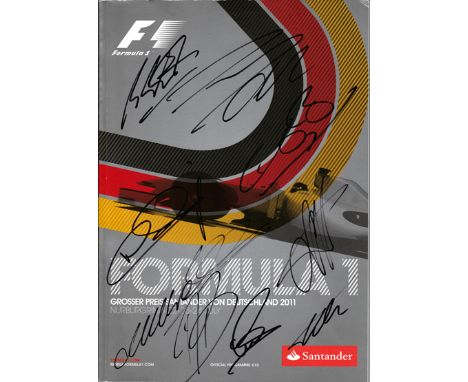 2011 German GP programme signed by Michael Schumacher, Lewis Hamilton & seven others,their marker pen signatures upon the fro