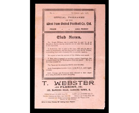 West Ham United First World War period programme season 1918-19,a London Football Combination fixture v Clapton Orient 14th S