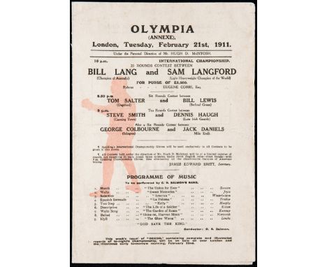 International Championship boxing programme for the contest between Bill Lang (Champion of Australia) and Sam Langford (Light