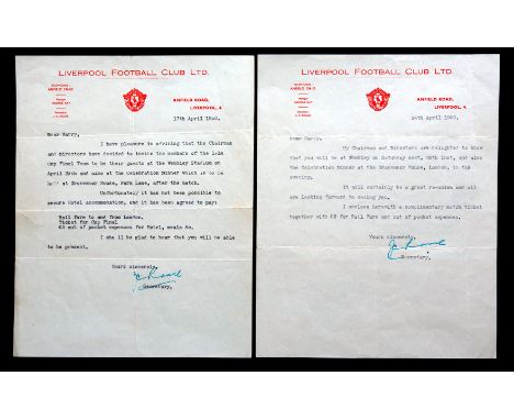 A pair of letters from Liverpool FC secretary J C Rouse inviting former player Harry Lowe as a guest at the 1950 F.A. Cup Fin
