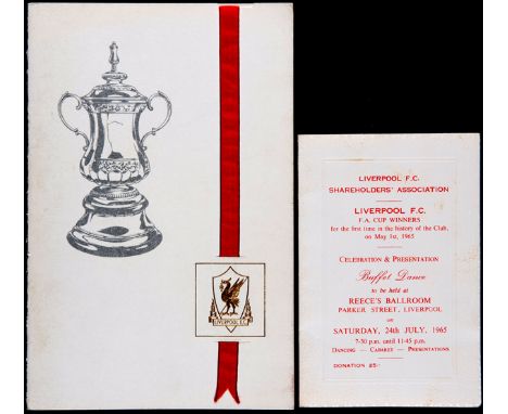 Two Liverpool FC F.A. Cup celebration menus,the first a buffet dance at Reece's Ballroom, Liverpool, 24th July 1965, organise