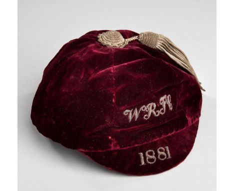 Watford Rovers Football Club cap from their foundation year of 1881,the red cap with gilt-wire inscription WRFC, 1881Watford 